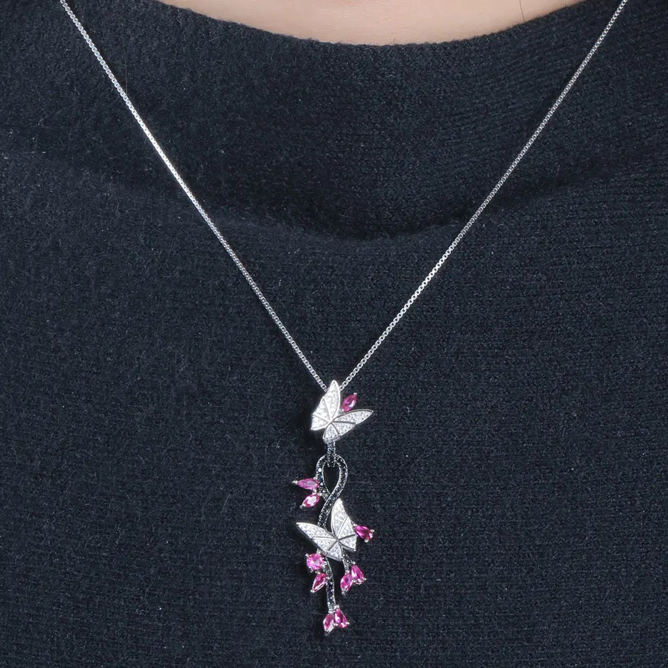 925 Sterling Silver Butterfly Jewelry Set Romantic Ruby Black Spinel Gemstone Rings Pendant Drop Earrings for Women Gift