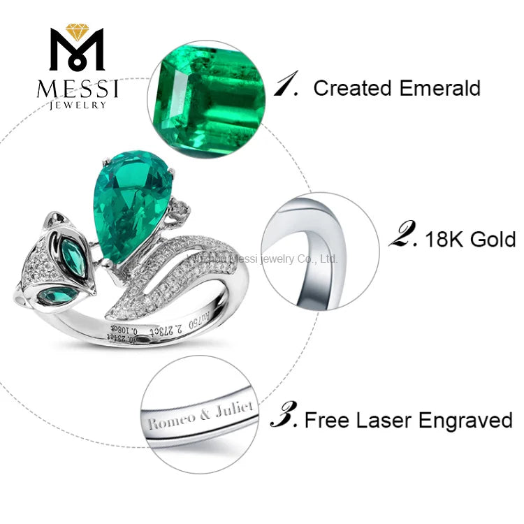 Gemfiori Messi Jewelry MSR-079 Emerald Ring fox Animal Shape Sexy Lady Jewelry 14k 18k White Gold Jewelry Emerald Ring