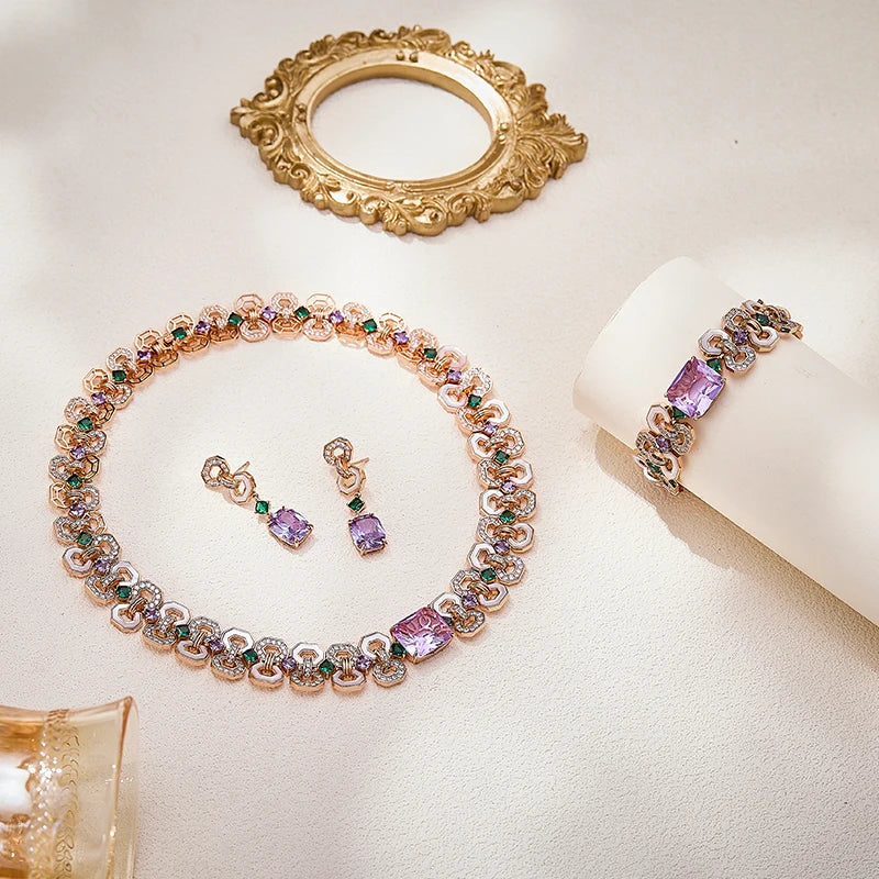 Victoria Style 8-shape Women's Brass Necklace Earrings  Bracelet White Mother of Pearl purple Zircon  High-quality Jewelry