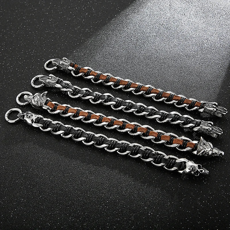 REBEL Fashion Mens Fashion Punk Stainless Steel Leather Dragon/Wolf Link Chain Bracelet