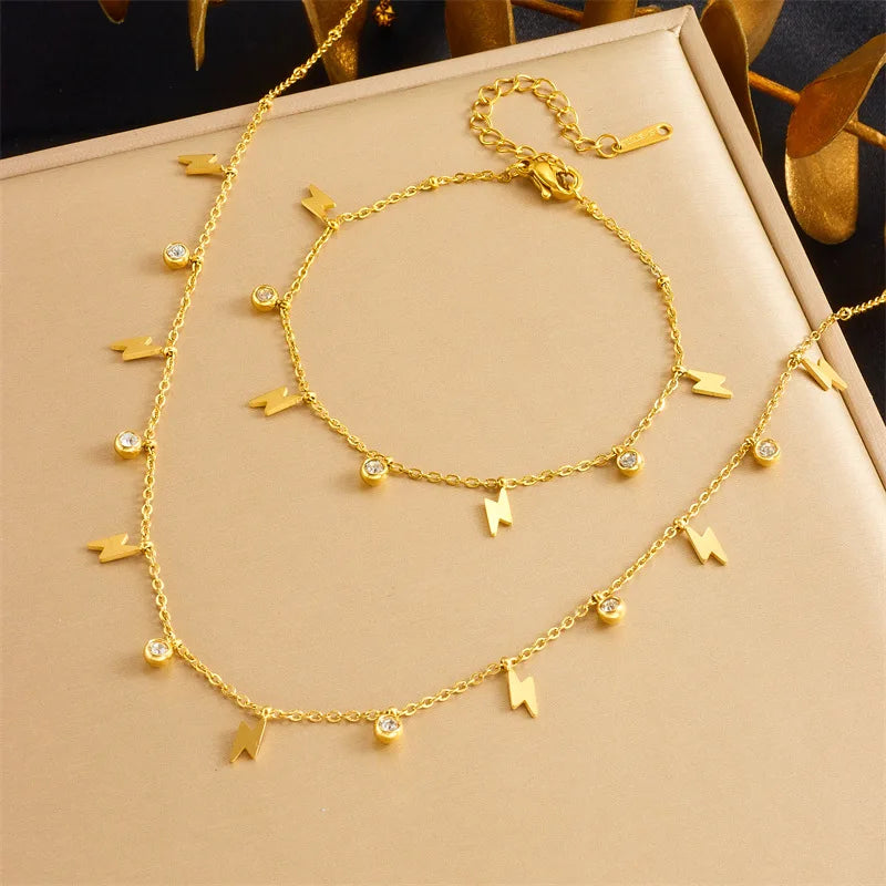 Gold Charm Necklace & Bracelet Jewellery Set | Crown, Flower, Lightning, Butterfly & Round