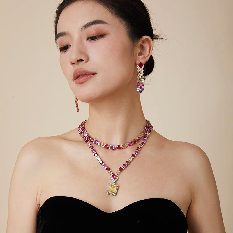 Rainbow High-End Jewelry Dubai Set Exaggerated India Zircon Double-Layer Necklace Long Earrings Trendy Women's Gifts Engagements