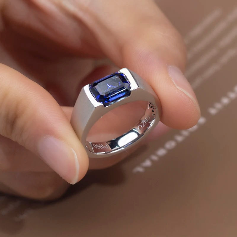 Gemfiori MSR-1506 PT950 Luxury Engagement Ring 7x9mm Emerald Cut Lab Sapphire Stones Lab Grown Diamond Ring
