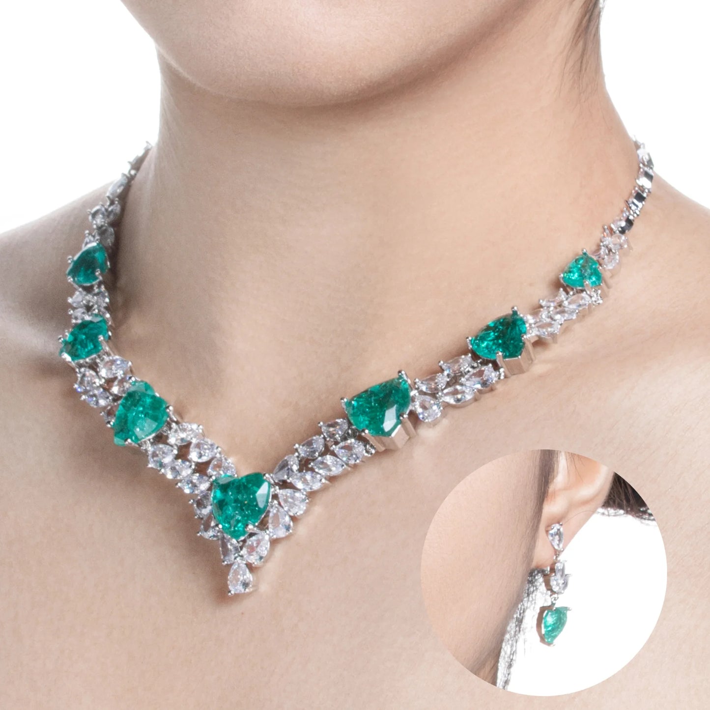 Luxury Heart-Cut Cubic Zirconia Vintage Bridal Necklace & Earrings Set — Rhodium Plated