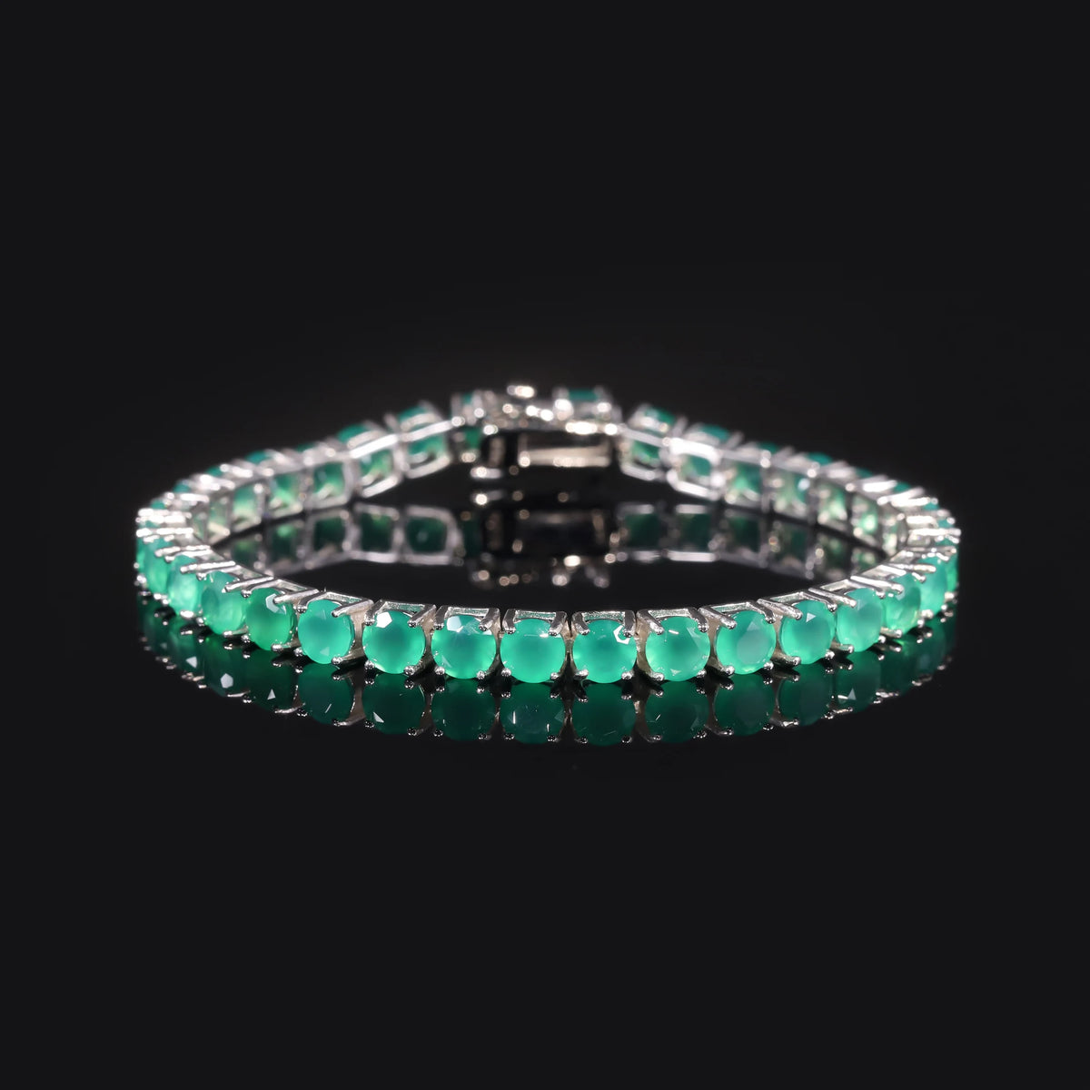 Gemfiori Abiding Custom Round 3mm 4mm 5mm 6mm Natural Green Agate Gemstone Chrysoprase Rhodium Plated 925 Silver Tennis Bracelet