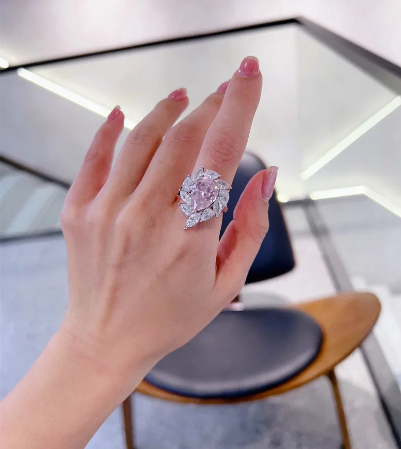 MuShan Jewelry Factory 12.8 Carat pink Diamond Ice Flower Cutting Ring 925 Silver 10 * 14 Teardrop Shaped High Carbon Diamond