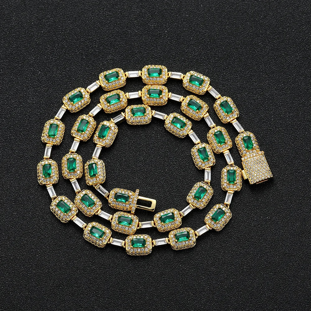 Luxury Bling CZ Tennis Necklace for Men and Women Geometric Link Chain with Classic Emerald Zircon Charm