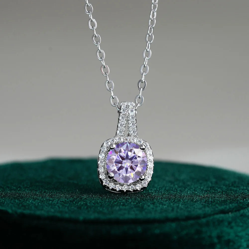 Fine Jewelry 925 Silver Square Bezel Set Round Cut 1CT 2CT VVS GRA Certified Colorful Moissanite Diamond Pendant Necklaces Women