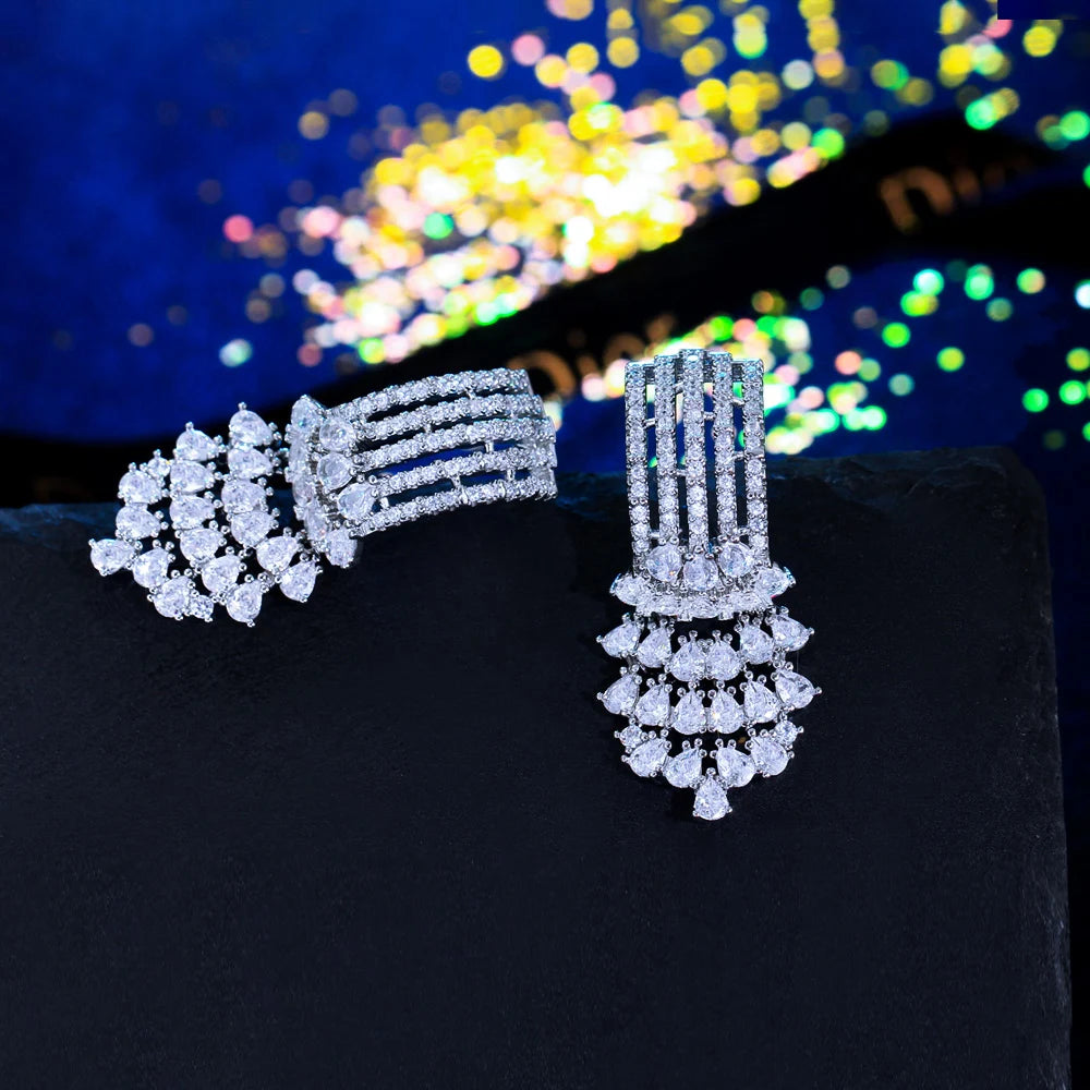 S&S CZ Floral Long Dangle Drop Earrings – AAA Pear Cut – Rhodium Plated – Collection