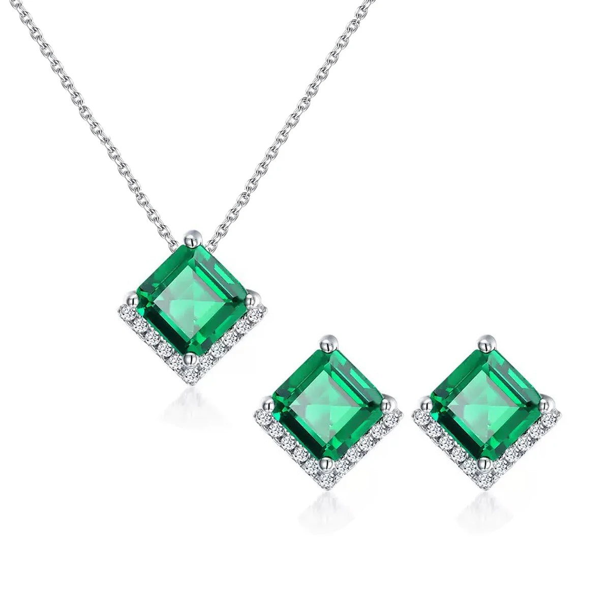 Princess Cut Emerald Green CZ Halo Necklace and Earrings 925 Sterling Silver Jewelry Set for Women Zirconia Bridal Jewelry Gifts