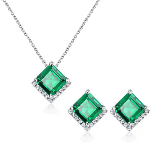 Princess Cut Emerald Green CZ Halo Necklace and Earrings 925 Sterling Silver Jewelry Set for Women Zirconia Bridal Jewelry Gifts