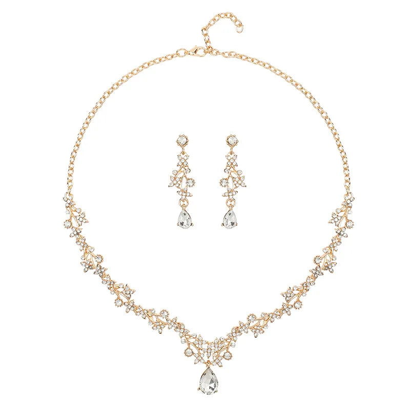 Korean Bridal Floral Drop Pendant Necklace & Earrings Set | Crystal Clavicle Chain Silver & Gold