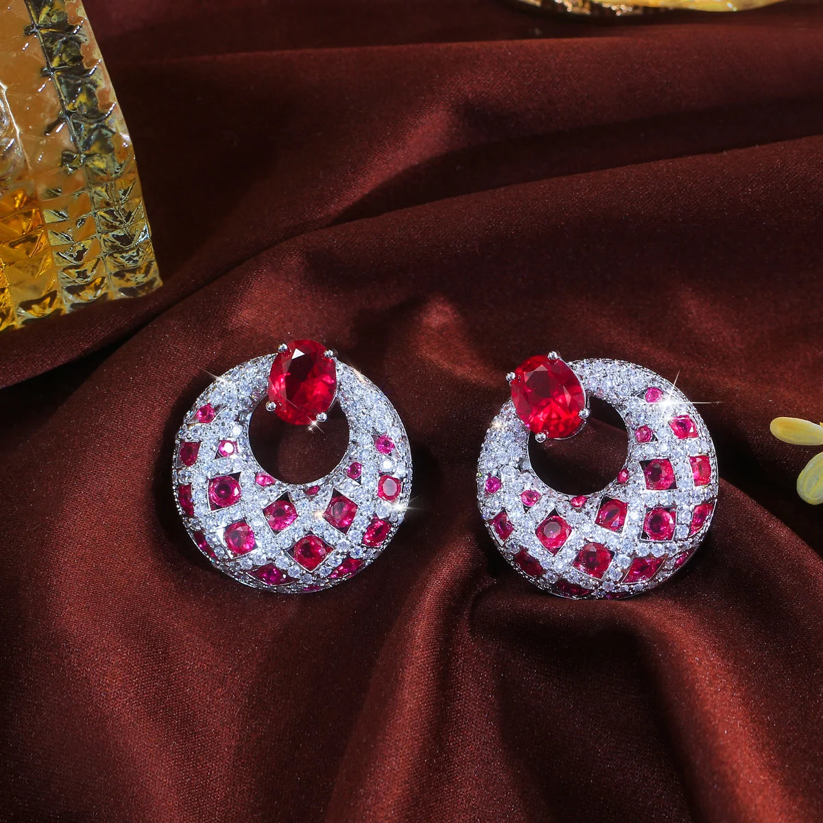 S&S Pink Red CZ Big Round Dangle Drop Earrings – Rhodium Silver Plated – Collection