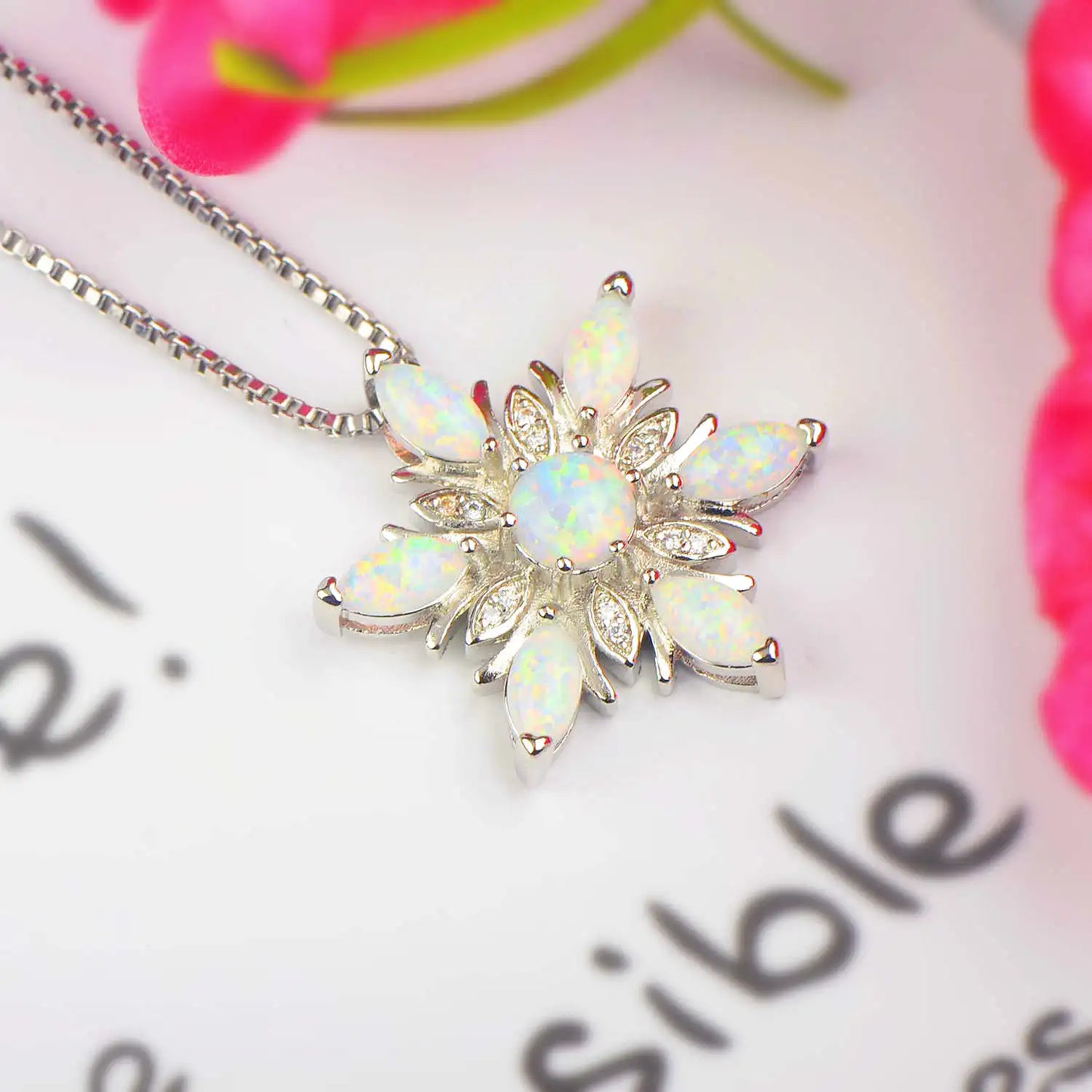 White Fire Opal Lab Created Marquise Stone Pendant Cute Snowflake Design Women's Trendy Silver Copper Box Chain Necklace Wedding