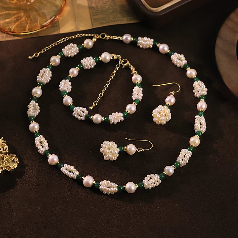 GLSEEVO Natural Pearl Ball Green Natural Stone Jewelry Set for Wedding Gift Pearl Bead Necklace Bracelet Earring Fashion Jewelry