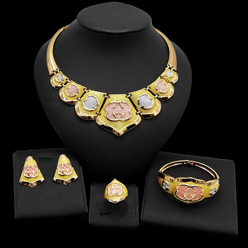 Zhuerrui Brazilian Gold Plated for Women Jewellery Set African Necklace Earring Bangle Ring Jewelry Sets 24k Gold Copper