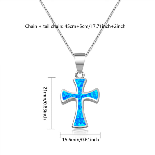 Dainty Opal Cross Necklace - Handcrafted Silver Plated Religious Jewelry Bulk for Ladies