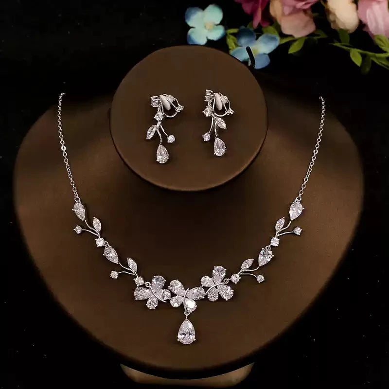 XM S310 Zircon Floral Branch Bridal Necklace & Drop Earrings Set