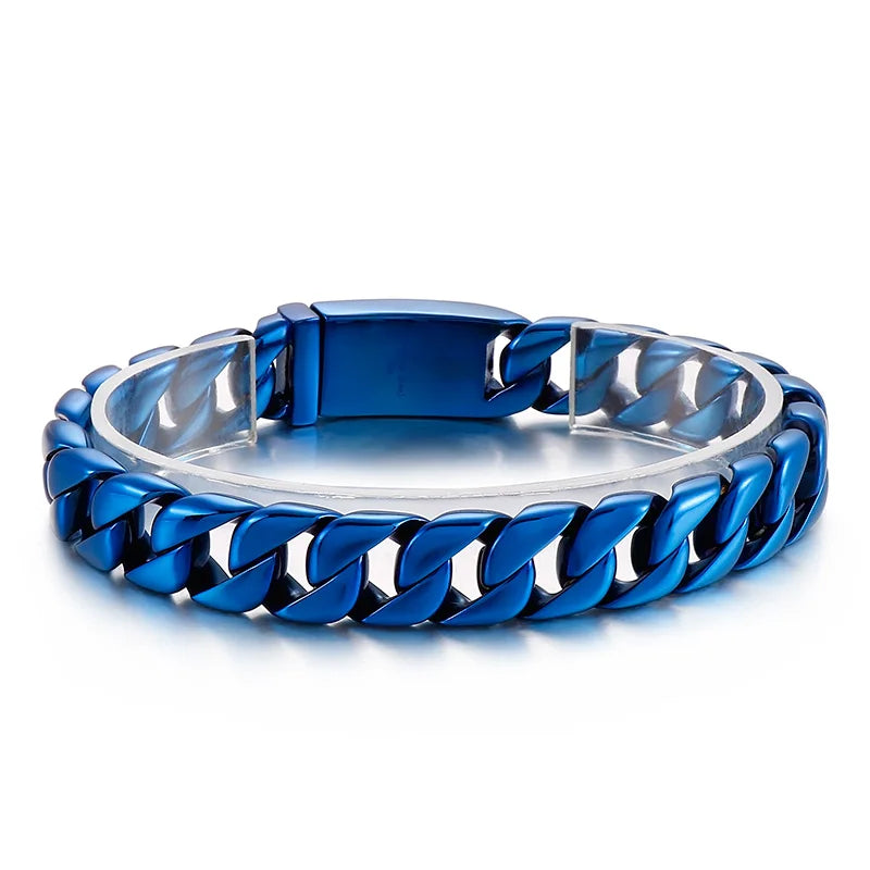 KALEN 215/220/230mm Blue/Rainbow Stainless Steel Hip-hop Cuban Link Bracelets