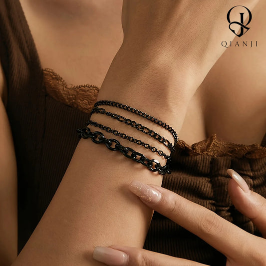REBEL Black Figaro & Cuban Four-Bracelet Set