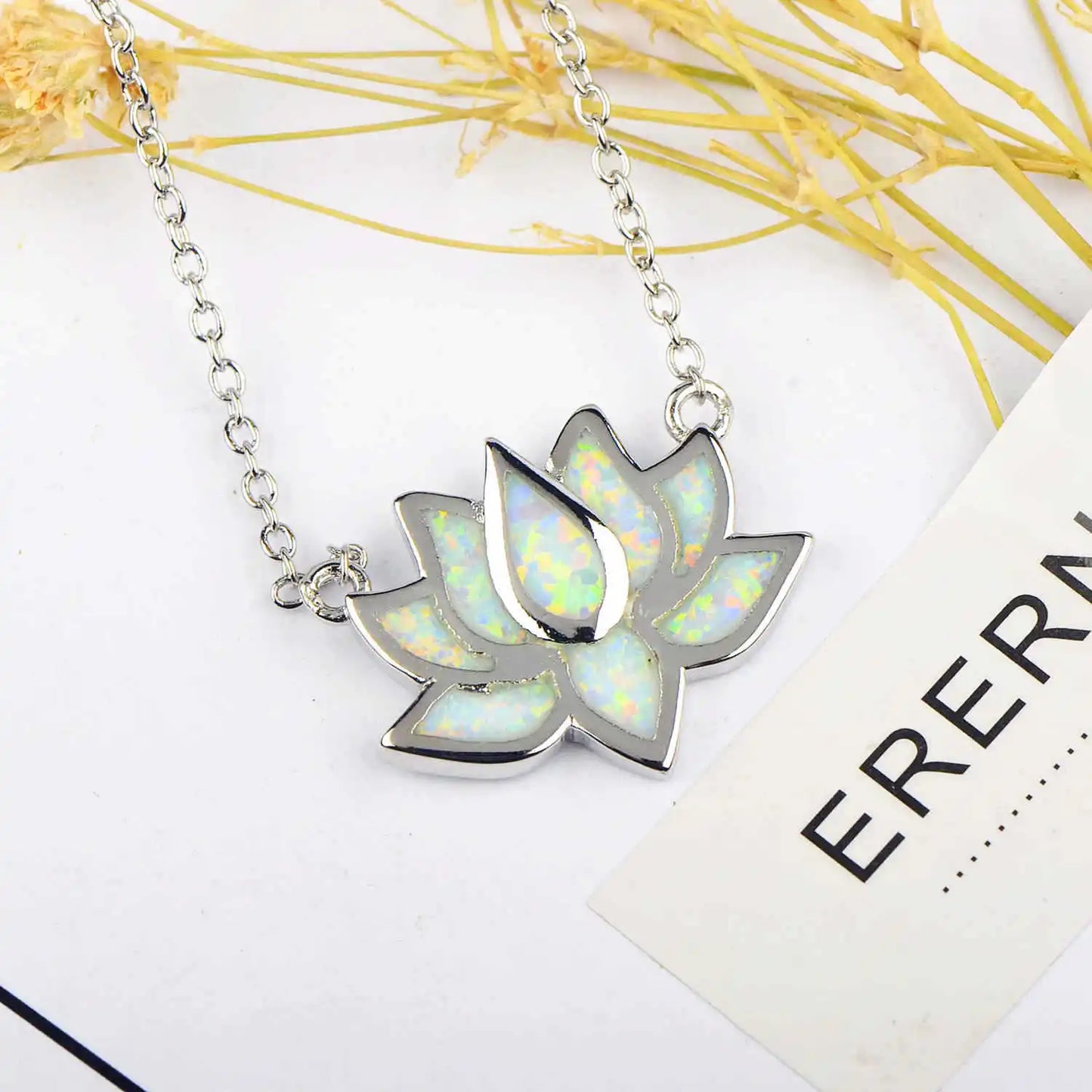 Aobao Christian Copper Opal Flower Lotus Necklace with Sweater Chain Link Chain Silver Plated Minimalist Style Gift