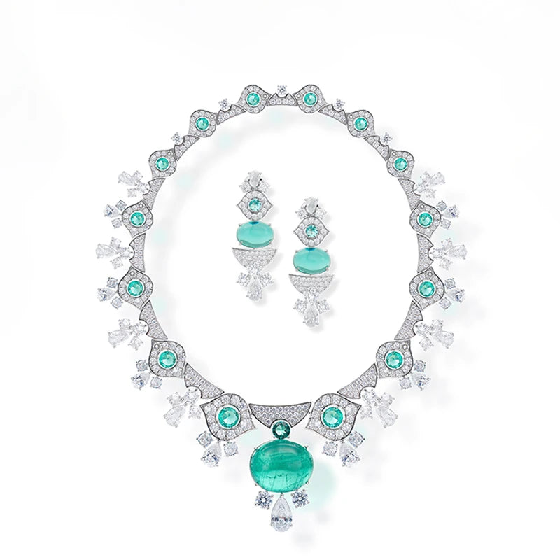Classic Retro Women's Brass Green Zirconia Necklace Earrings Anti-oxidation Suitable for Wedding Parties Are the Perfect Gift