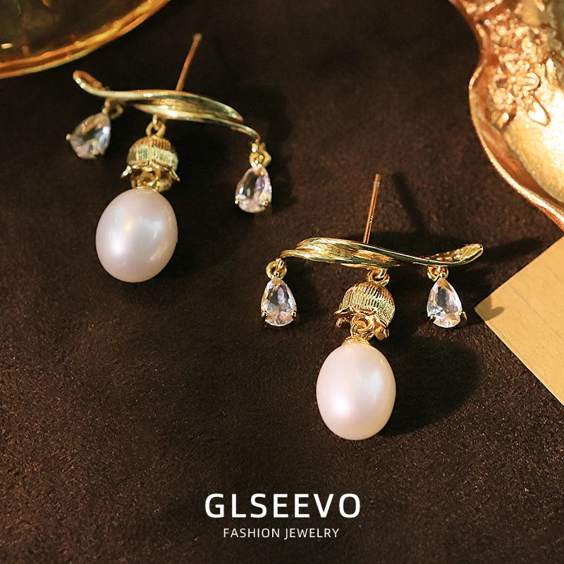 Natural Freshwater Pearl Tassel Lily of the Valley Crystal Earrings Vintage Style Earrings Get Married  Ladies Jererly GE1752