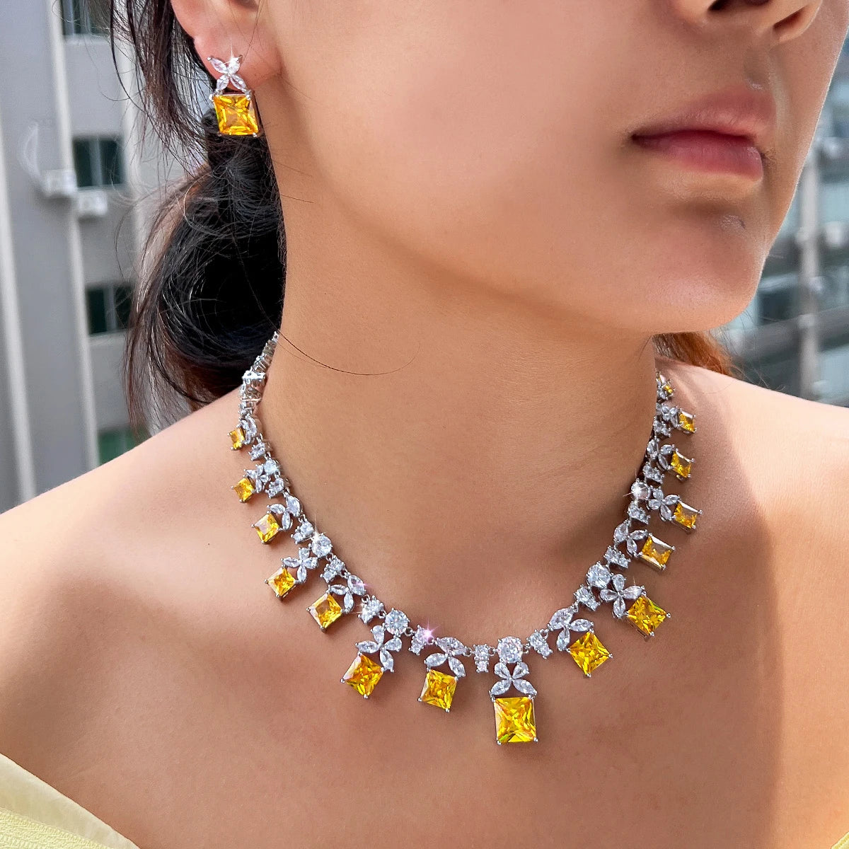 Trendy 2pcs Sets Big Square Cubic Zircon Women Luxury Bridal Yellow Jewelry Set for Wedding Anniversaries Annual Dinner Party
