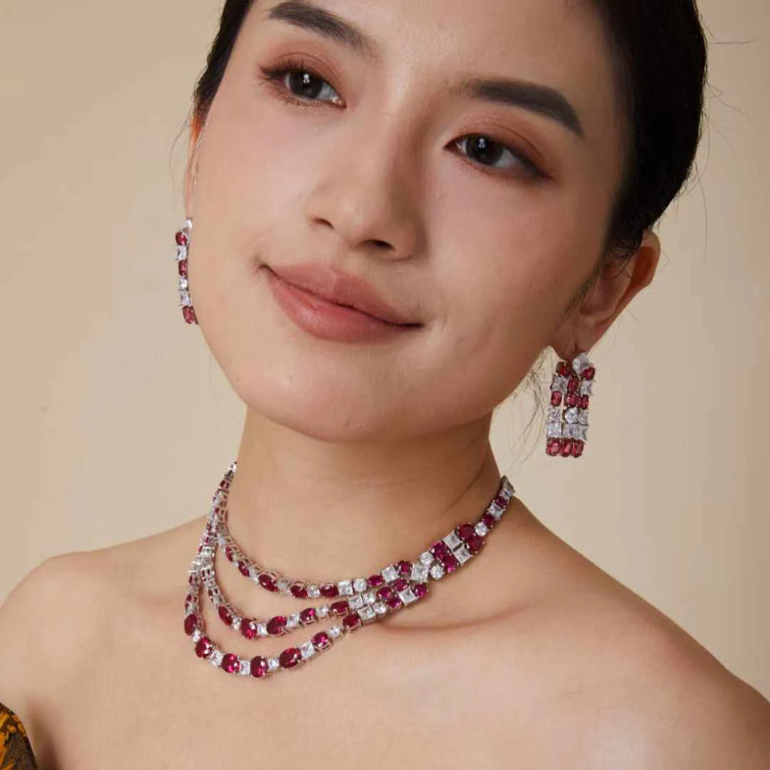 Luxury Red Ruby Zirconia Tennis Choker Necklace & Earrings Set — Rhodium Plated