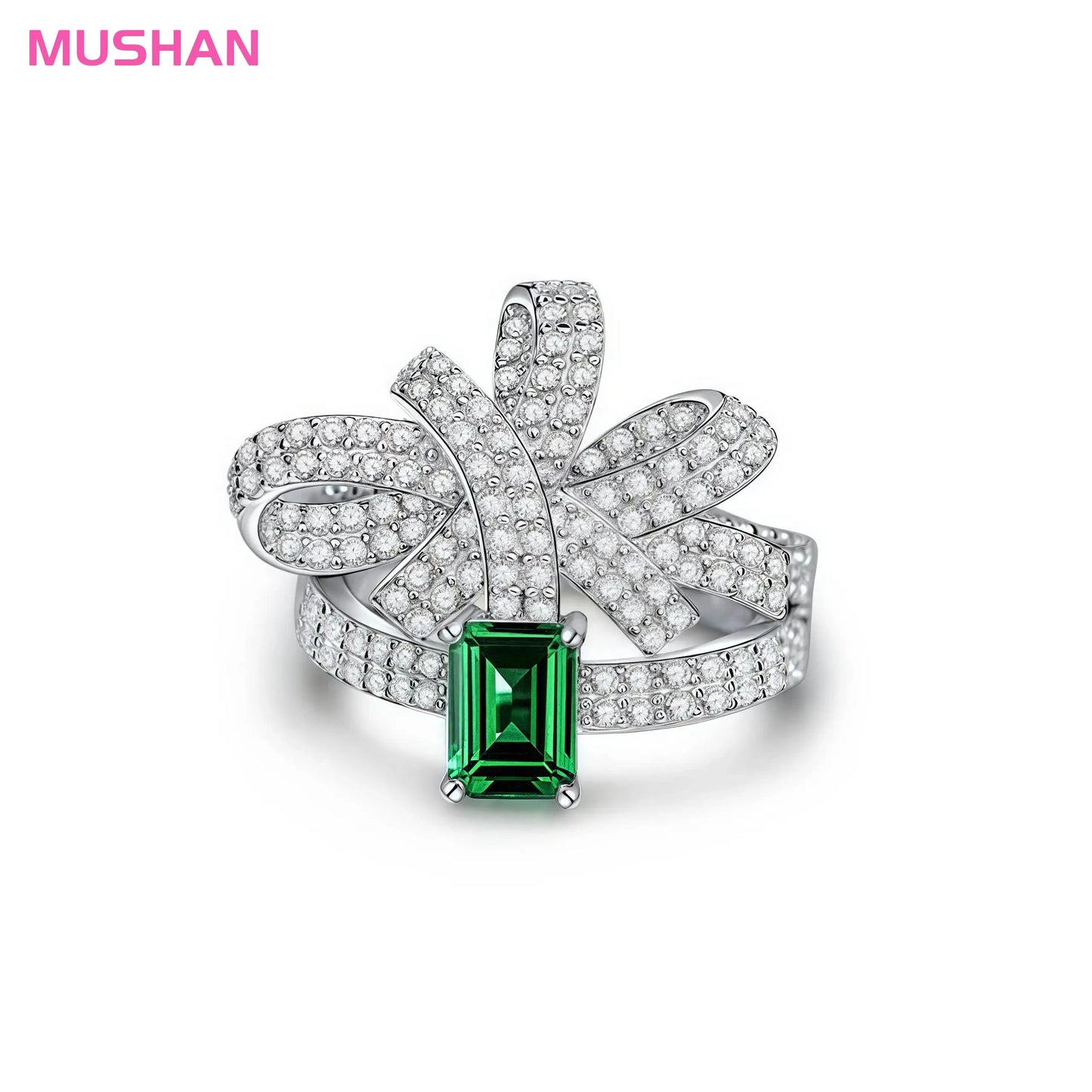 MUSHAN Jewelry Factory 1ct Zambian Color Cultured Emerald 5*7 Bowknot Ring 925 Sterling Silver Rings Fine Jewelry for Women