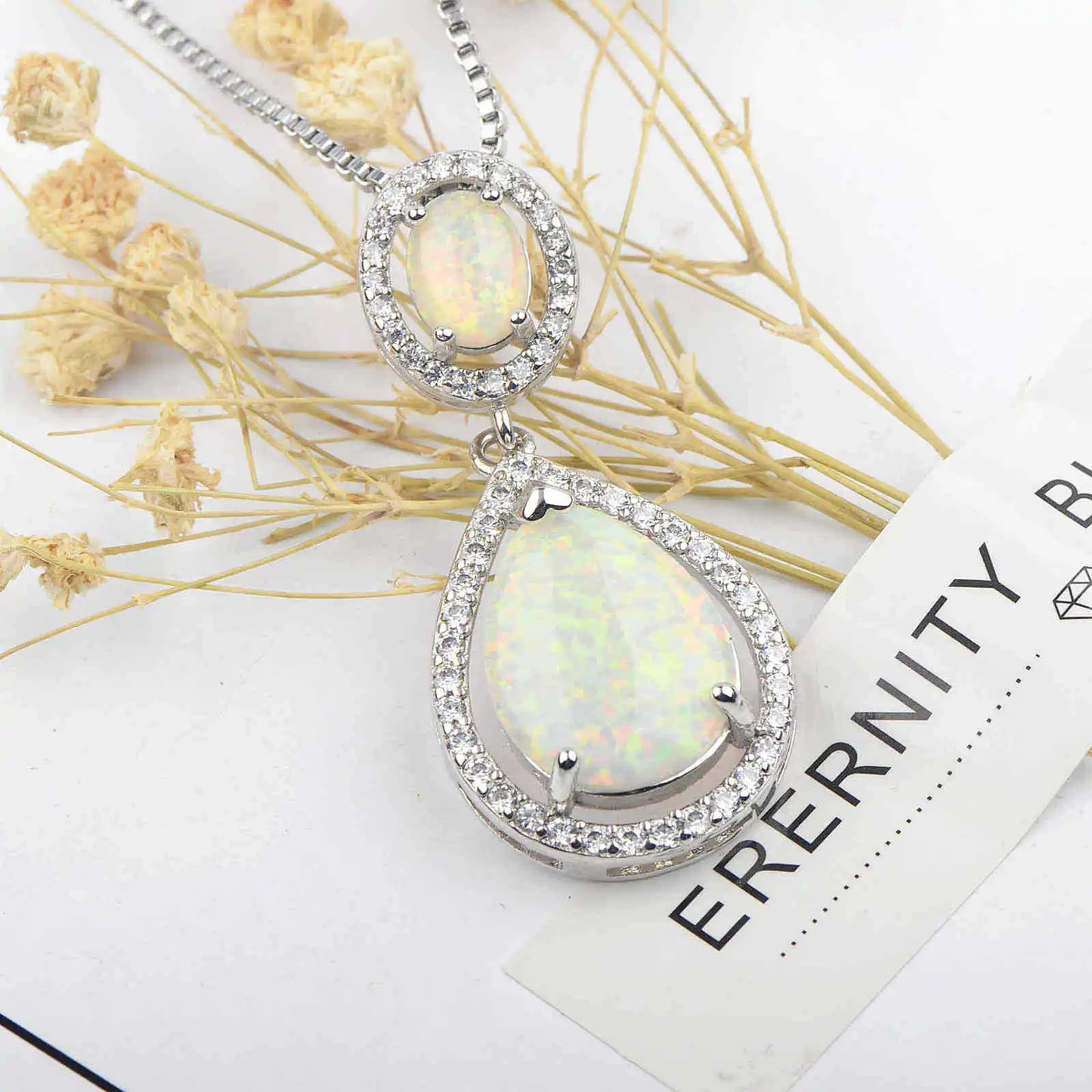 Silver Plated Lab Created White Opal Teardrop Necklace Design Sweater Chain Ocean Pendant Trendy Gift