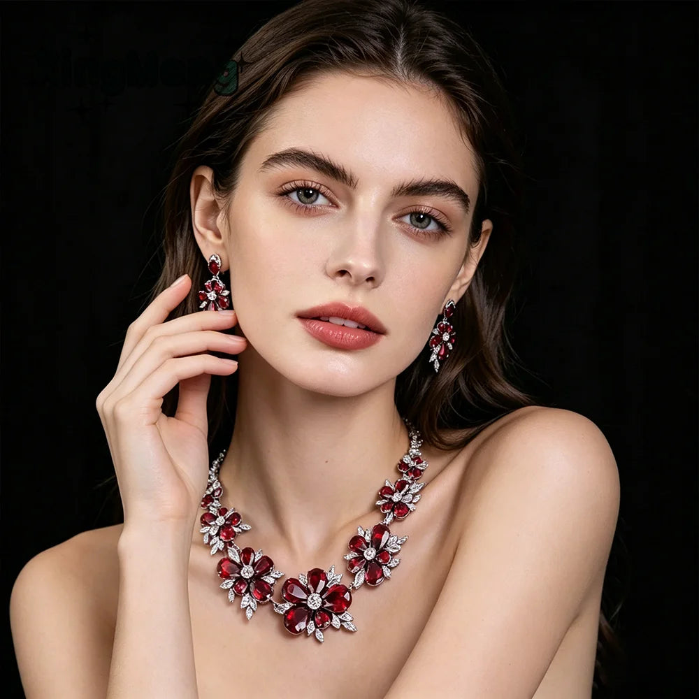XM S307 Brass Silver Plated Red Zircon Floral Statement Necklace and Drop Earrings Jewelry Set for Women Wedding