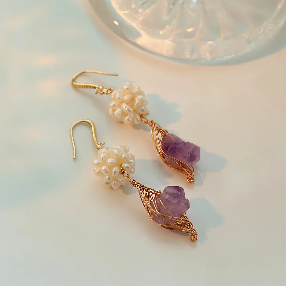 Natural Freshwater Pearl Flower Ball Amethyst Earrings Korean Style Women Luxury Jewelry Fashion Ladies and Girls Gift GE1578