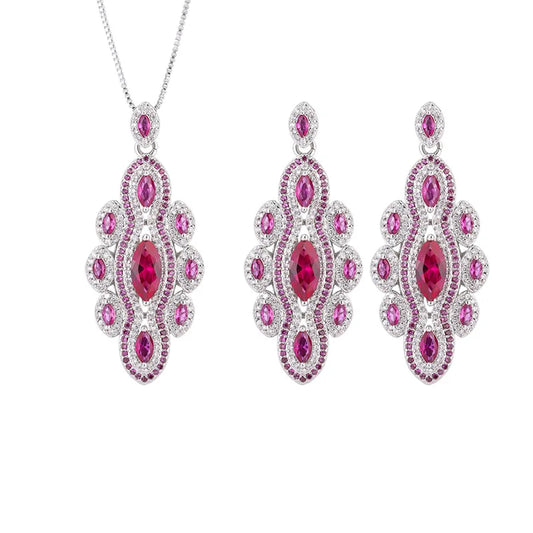 High Quality Eco-friendly Copper 5*9MM Red Cubic Zirconia Retro Ancient Style Handmade Pendant Earrings Jewelry Sets for Women