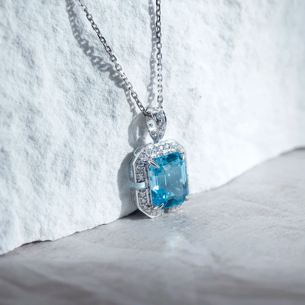 Messi Jewelry MSN-808 Aquamarine Color Lab Sapphire Emerald 8mm*10mm  Gemstone Necklace Pendant 18K White Gold