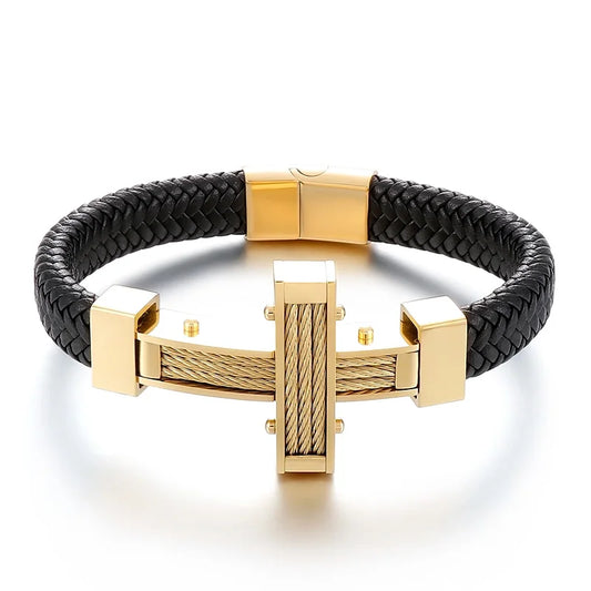 KALEN 215mm Trendy Silver/Gold/Black/Grey Cowhide Leather Bracelet With Stainless Steel Cross
