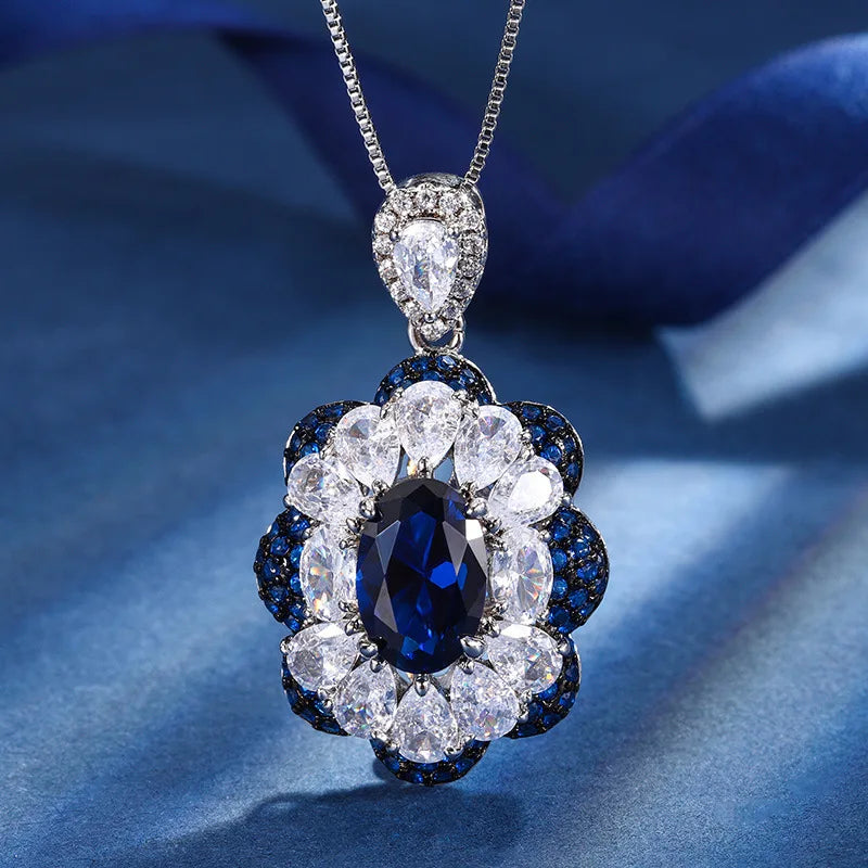 Gemfiori New Royal Blue Ring Pendant Necklace Jewelry Set Sparkling Flower Inlaid Zircon Set