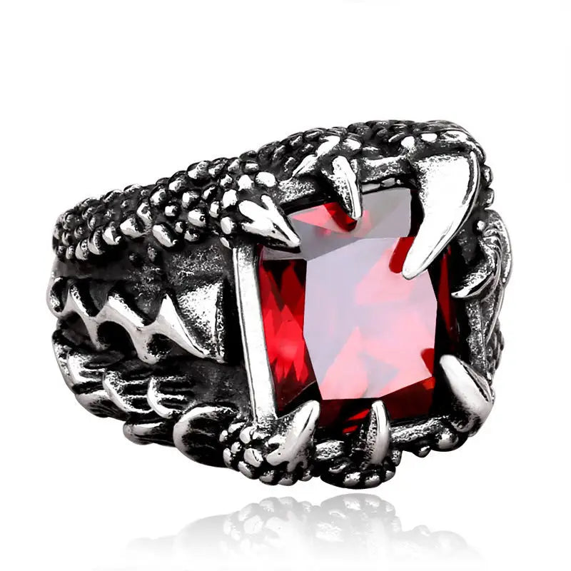 REBEL Fashion Jewelry Vintage Style Red/Black/Blue Zircon Inlaid Dragon Claw Stainless Steel Rings for Men Party Gifts
