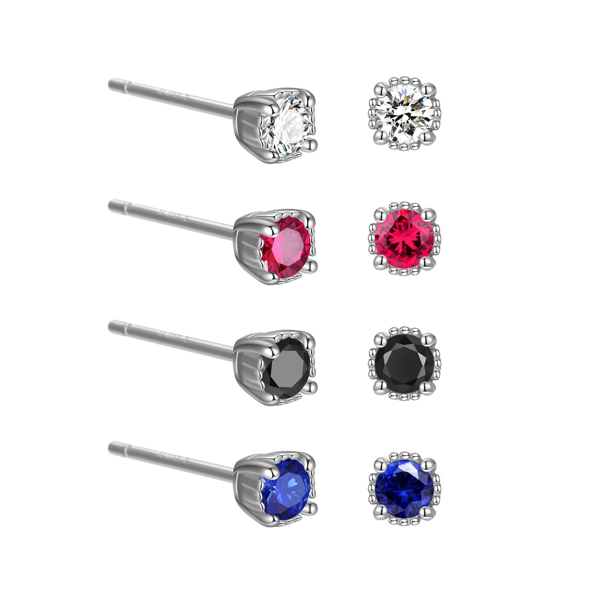 Trendy 925 Sterling Silver Stud Earring Bezel Claw Round White/Red/Blue/Black Colorful 5A CZ Earrings Gift for Women Mom