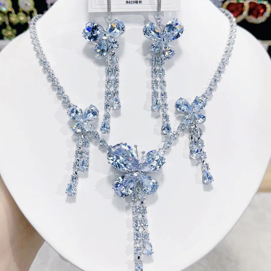 K039 High End Trendy Luxury Exquisite Blue and Pink Zircon Butterfly Necklace Earrings Set Women Elegant Jewelry Set for Party