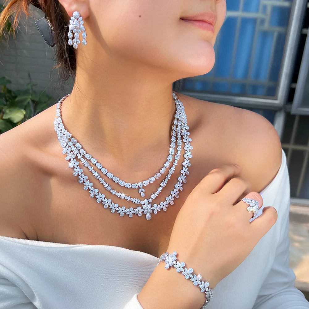 4pcs Luxury Multi Layered Triple 3 Layers Flower Necklace Earrings Tassel Middle East Bridal Wedding Big Jewelry Set for Women
