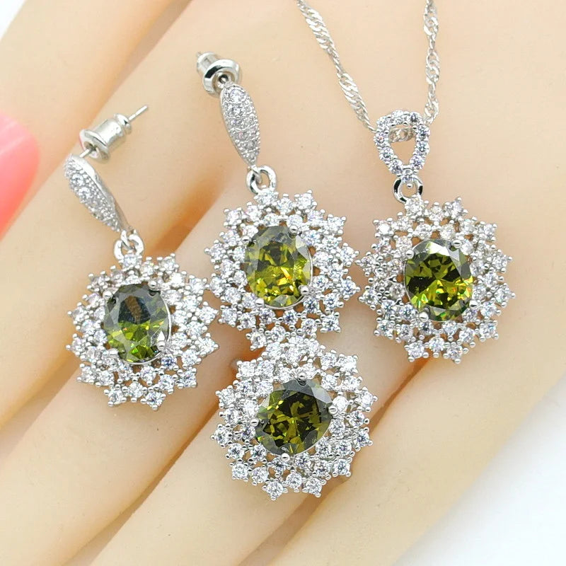 XOTICA Green Peridot Silver Jewelry Set for Women Including Bracelet Earrings Necklace Pendant Ring for Wedding Valentine's Day Zircon