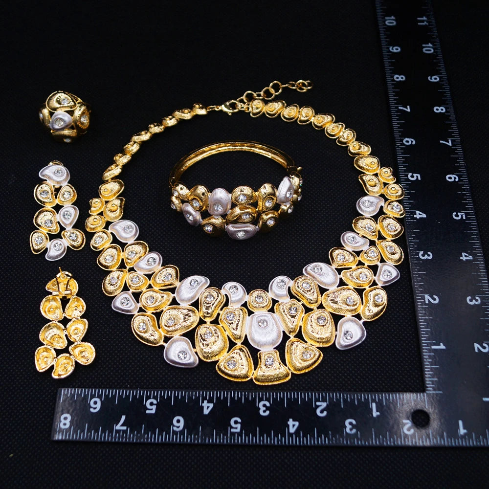 Zhuerrui Brazilian Style Two-tone Gold Pearl Jewelry Set White Crystal Inlaid Necklace Earring Bracelet Ring for Party I008020-2