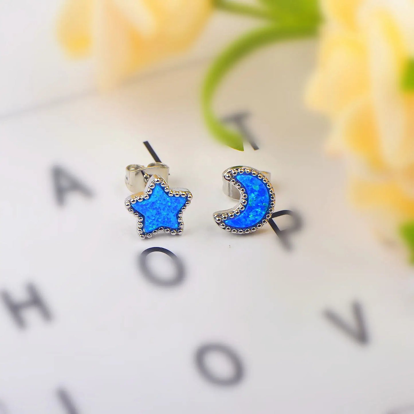 Dreamy Celestial Opal Pendant Earrings Star & Moon Design Trendy Bohemian Christian Brass Jewelry