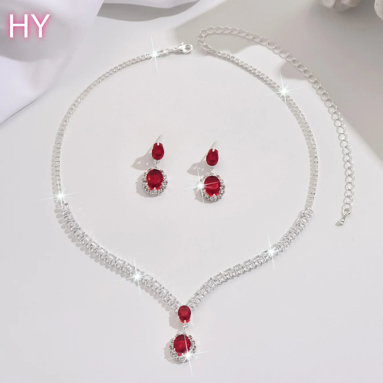 HY Women's European American Style Light Luxury Teardrop Zircon Alloy Electroplated Necklace Earring Two-Piece Jewelry Set