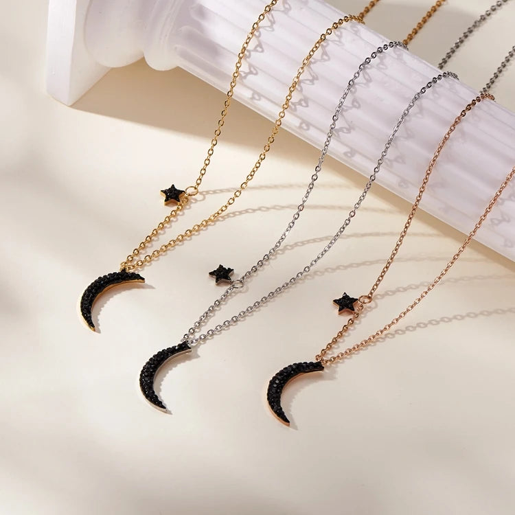 S&S Hot Sale Women 18K Gold Plated Black Crystal Crescent Star Moon Pendant Necklace with Link Chain Stainless Steel Alloy