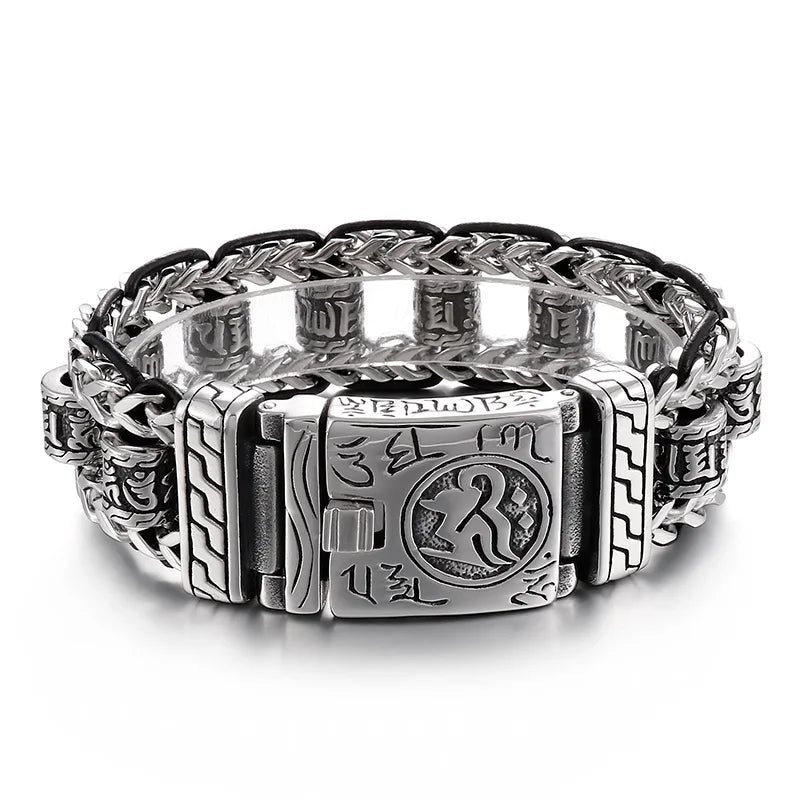 VIKING Mens Retro Stainless Steel & Cowhide Link Bracelet – Ancient Ethnic Symbols