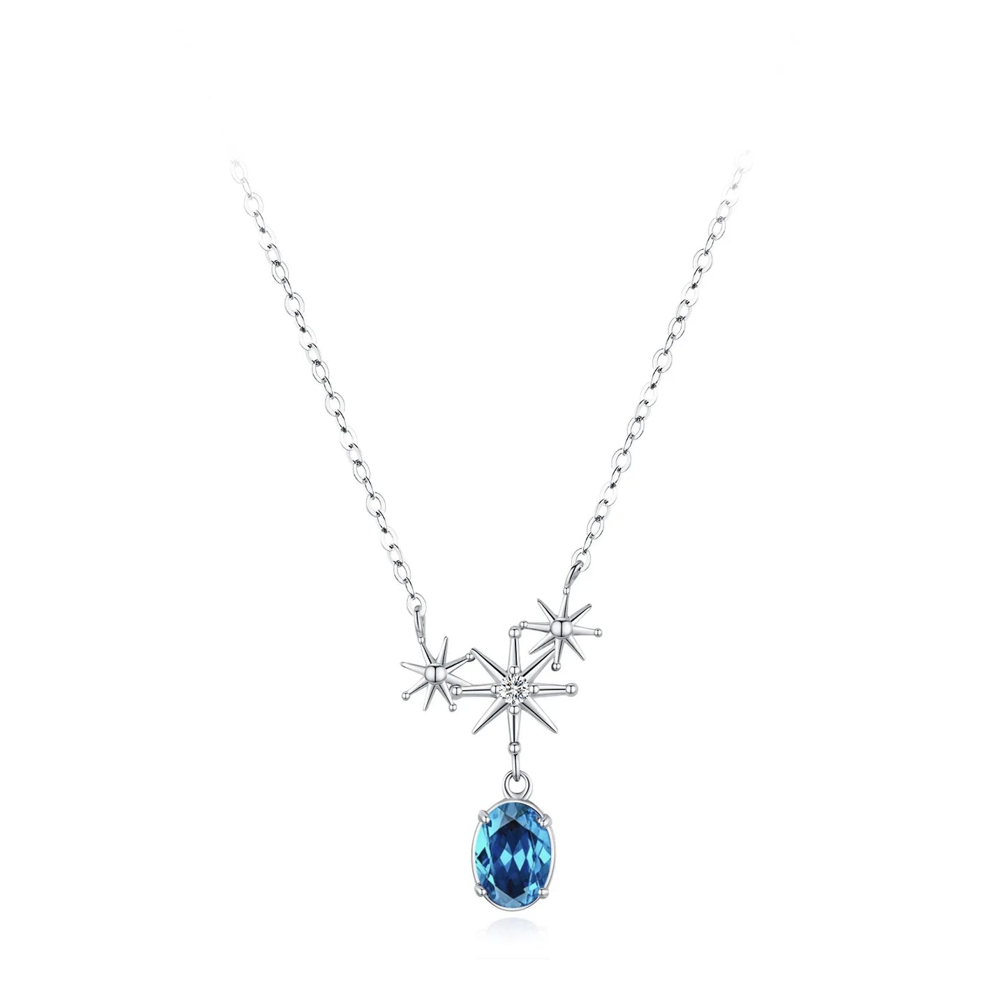Exquisite 925 Sterling Silver Sparkling Star Studded Earring Necklace Set Fresh Sea Blue Temperament Jewelry Gift Set