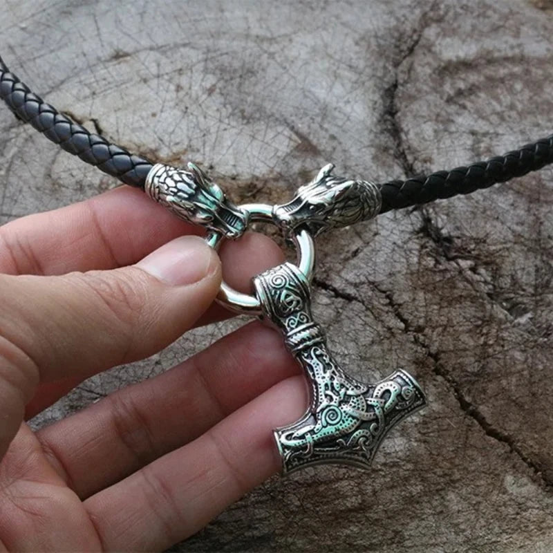 REBEL VIKING Dragon Head & Mjolnir Thor Hammer Pendant Necklace – Stainless Steel