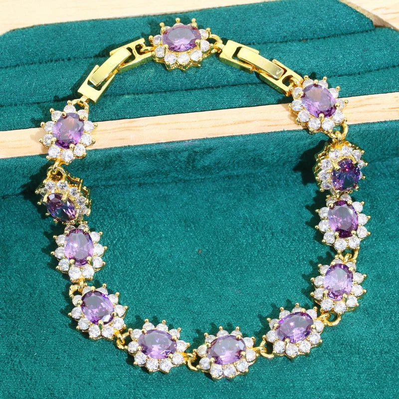 XOTICA Noble Purple Zircon Jewelry Set for Women Gold Color Earrings Necklace Pendant Ring Bracelet for Wedding Party Birthday Gifts